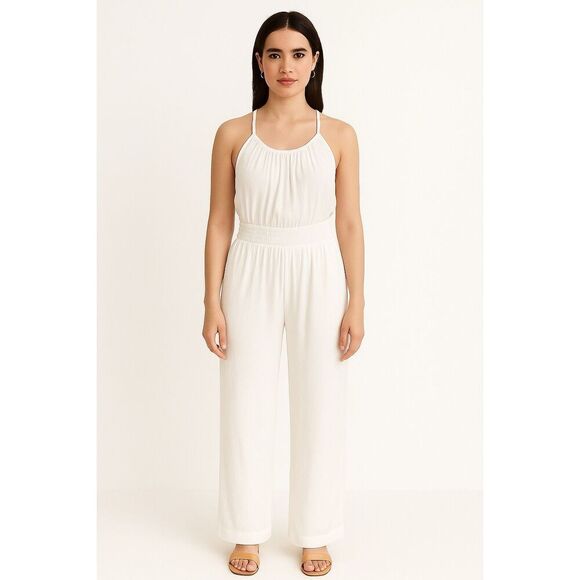 PrAna Fernie Wide Leg Jumpsuit White Size L NWT Lightweight Semi-Sheer Coverup - Picture 1 of 16
